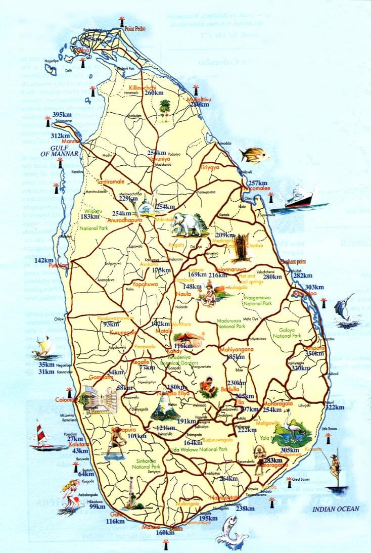 Šri Lanka lankytinų vietų žemėlapis