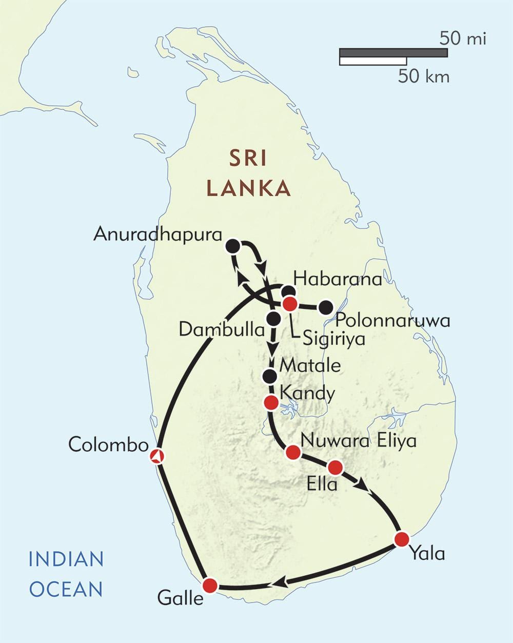 žemėlapyje Šri Lanka maršrutas