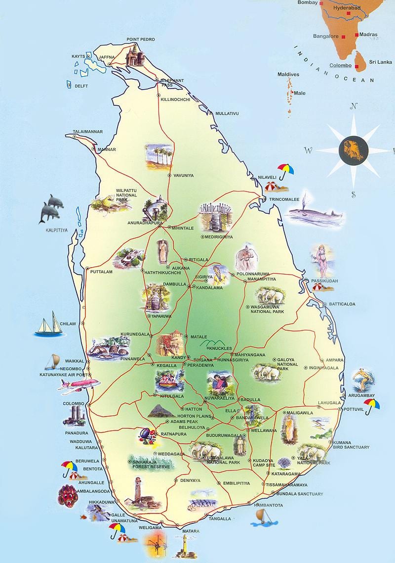 lankytinų vietų Šri Lanka žemėlapyje