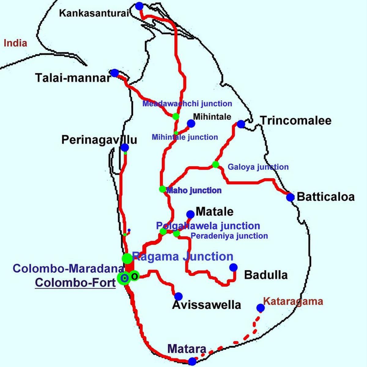 traukiniai Šri Lankoje žemėlapyje