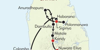 Žemėlapyje Šri Lanka maršrutas