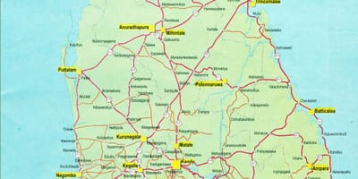 Žemėlapis turizmo žemėlapyje Šri Lanka su kelių